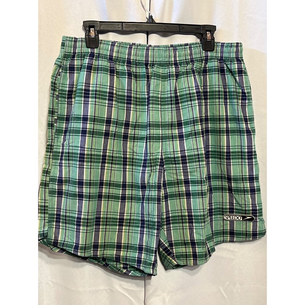 Vintage Speedo Mens Plaid Swim Shorts Green & Blue Elastic Waist XL